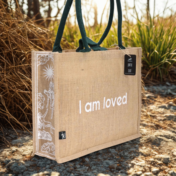Sac Cabas en jute "I AM LOVED" – Image 2